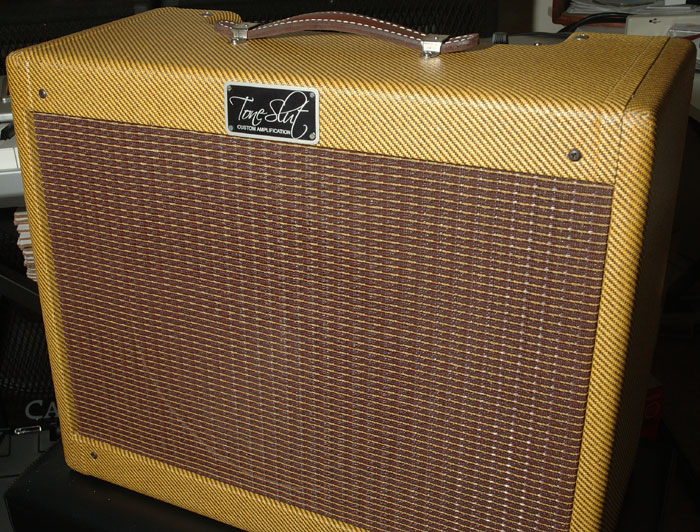 Based on a 55 5E3 Deluxe, tweed covered pine cabinet, Alnico Blue speaker